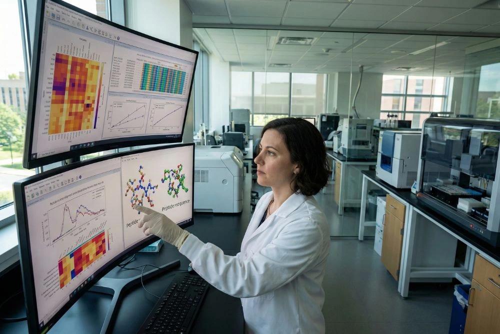 Medical researcher studying peptide-based therapies for modern healthcare.