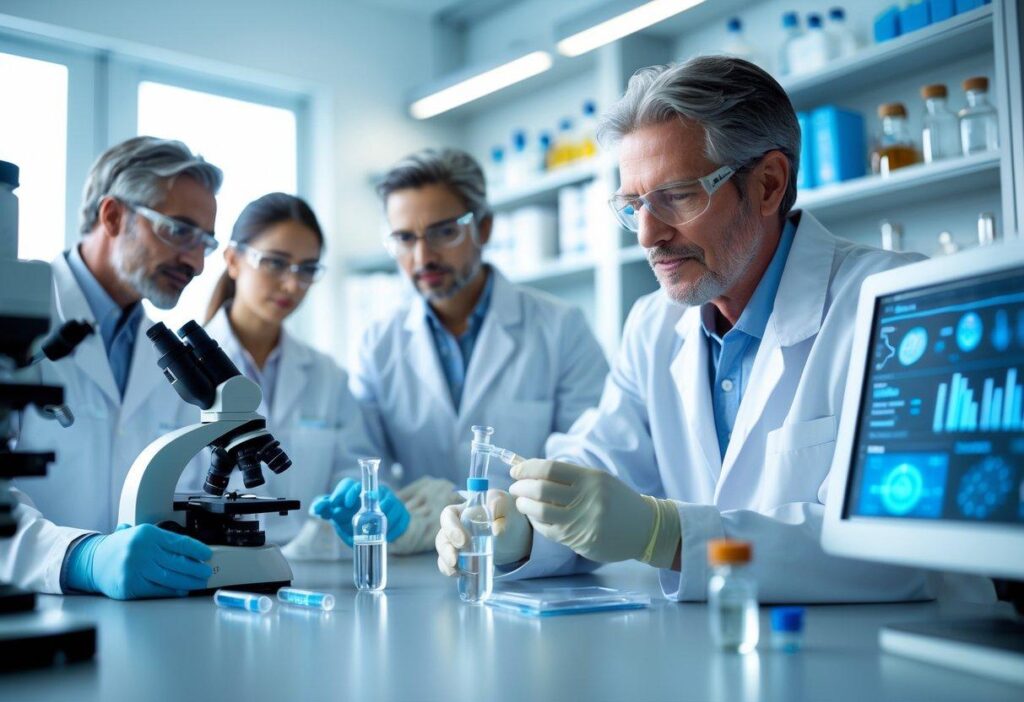 Scientist holding a research peptide vial inside a modern biotechnology laboratory.