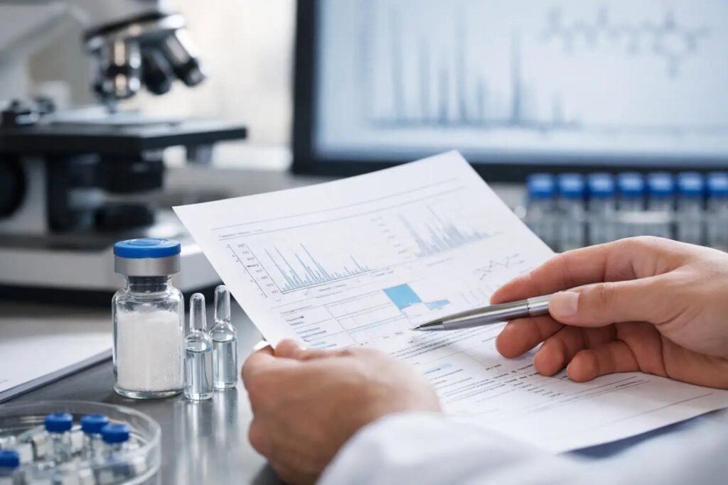 Research scientist reviewing peptide Certificate of Analysis and laboratory quality reports.