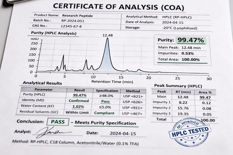 Certificate of Analysis used to verify research peptide purity and identity.
