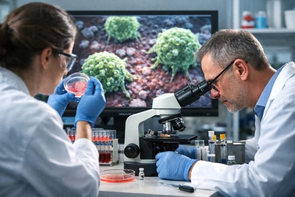 Scientist researching peptide-based cancer therapies in a biotechnology laboratory.
