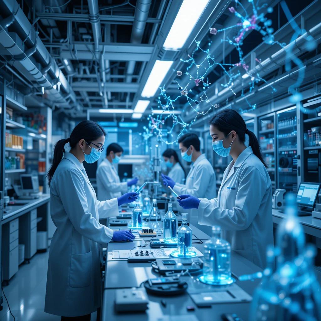Scientist conducting advanced peptide research in a modern biotechnology laboratory.
